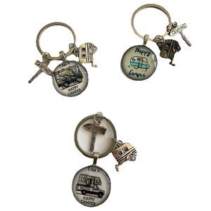 Happy Camper Camping RV Trailer Glass Dome Keychains (3) Motorhome Class A & C